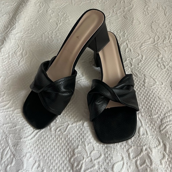 Black Faux Leather Women's Slide Sandals - Picture 2 of 6